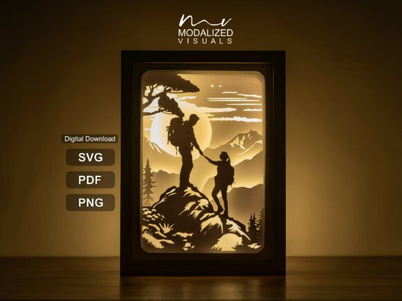 Couple Hiking Mountain Shadowbox: A 3D SVG Asset for Adventure-Themed Branding