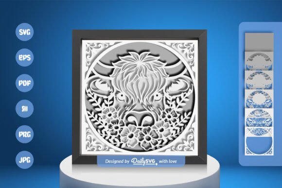 Highland Cow Floral Layered Papercut: 3D SVG for Shadow Boxes