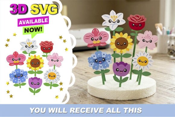 Kawaii Garden Flowers 3D SVG for Birthday-Themed Content