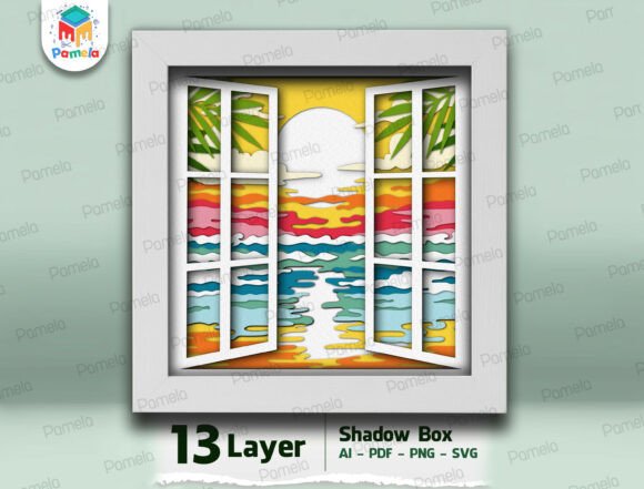 Tropical Sunset Window Shadow Box SVG: A Summer-Ready 3D Graphic Design Asset